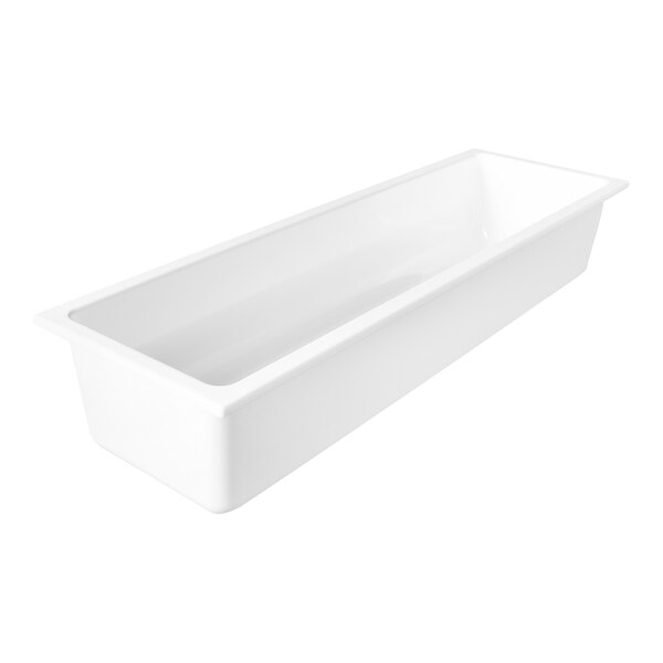 A white rectangular melamine food pan with a clear bottom.