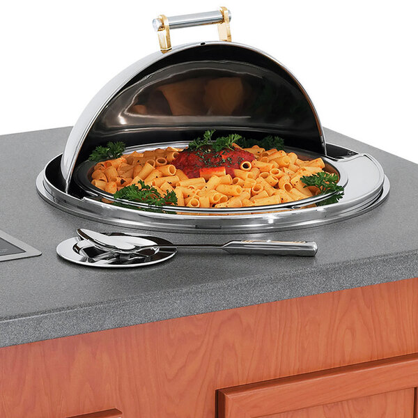 A silver Vollrath New York Drop-In round chafer with pasta and sauce.