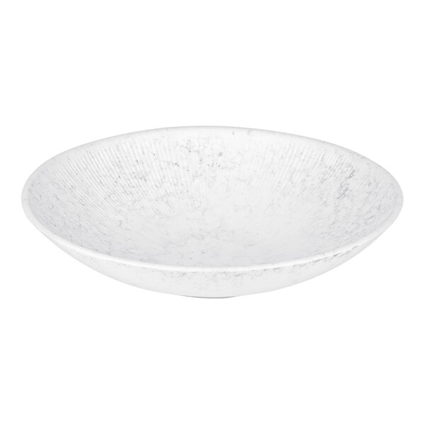 A white melamine bowl with a speckled design.