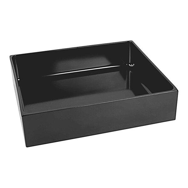 A black rectangular Elite Global Solutions melamine food pan on a counter.