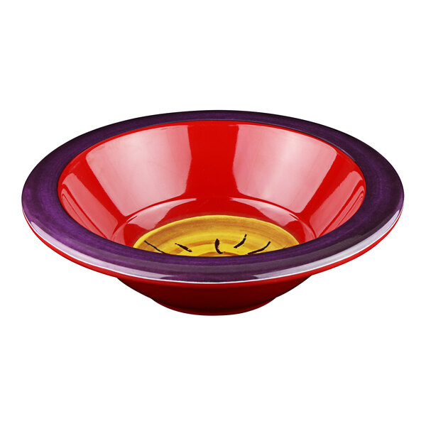 A red bowl with a yellow and purple rim.