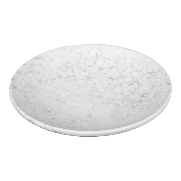 A gray marble patterned coupe plate with a white background.