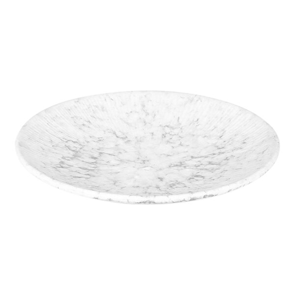 A white Elite Global Solutions Hermosa coupe melamine plate with a gray marble pattern.