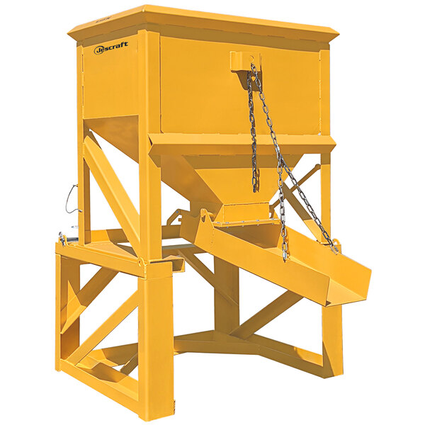 A yellow Jescraft forklift concrete beam bucket with a chain attached.