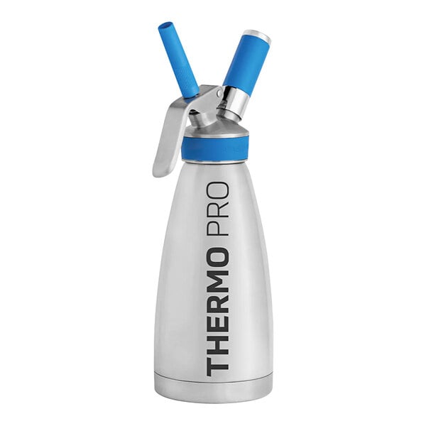 A stainless steel Whip-It Thermo Pro cream whipper with a blue siphon handle.