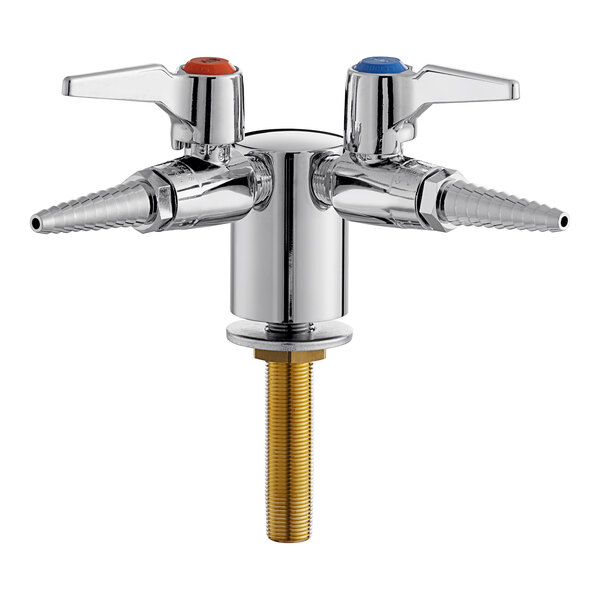 A Chicago Faucets deck-mounted laboratory turret with two 90-degree valves, with silver and red and blue knobs.