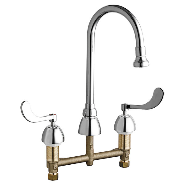 A Chicago Faucets deck-mounted faucet with two handles and a gooseneck spout on a white background.