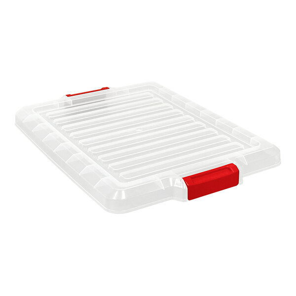A Quantum clear plastic container lid for a clear latch container with red handles.