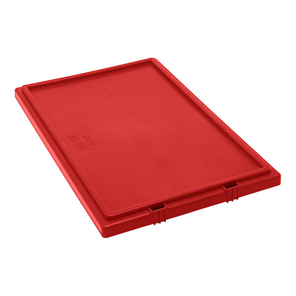 A red plastic lid for a Quantum Stack and Nest Tote.