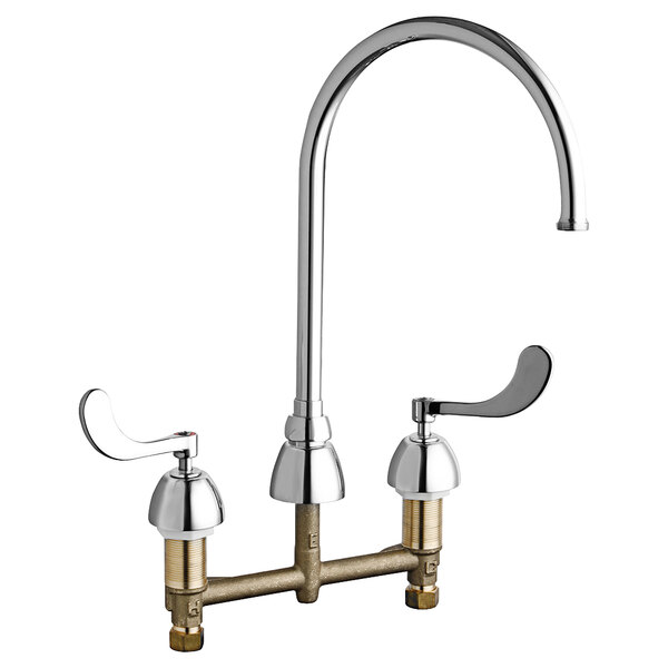 A chrome Chicago Faucets deck-mounted faucet with two curved handles and two gooseneck spouts.