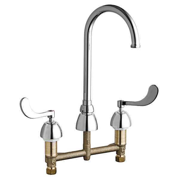 A chrome Chicago Faucets deck-mounted faucet with two handles and a gooseneck spout.