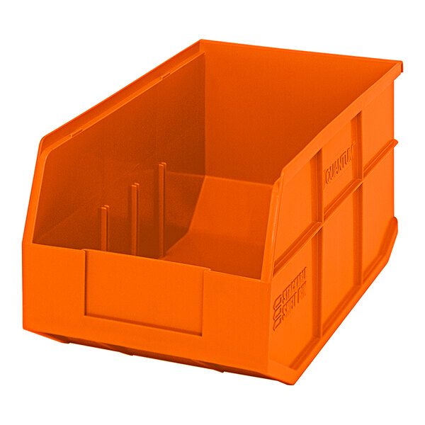 An orange Quantum stackable shelf bin with two compartments.