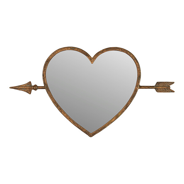 An antique brass heart-shaped mirror with a gold frame.
