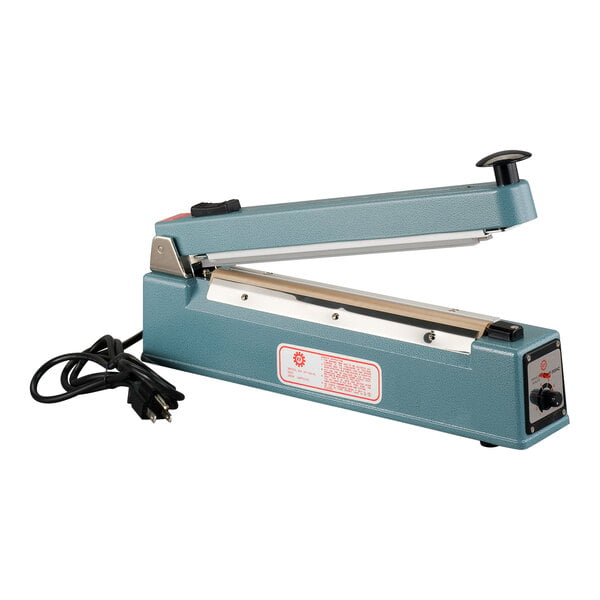 A blue Tach-It tabletop impulse sealer with a black cord.