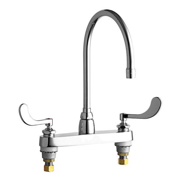 A Chicago Faucets deck-mounted faucet with two gooseneck handles.