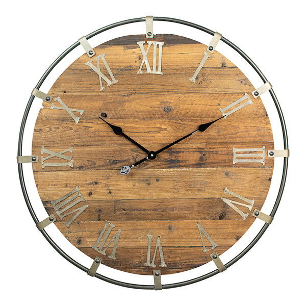 A Kalalou wooden wall clock with roman numerals in a metal frame.