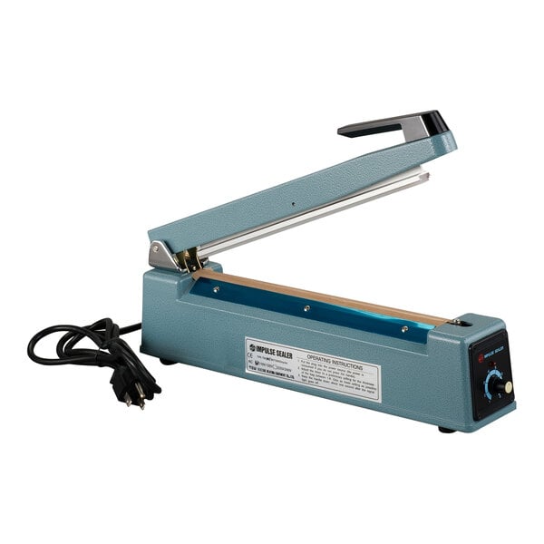 A blue and black Tach-It HJ310/2T tabletop bag sealer with a black handle.