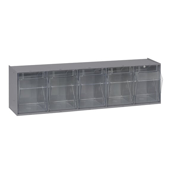 A grey rectangular Quantum tip-out storage system with 5 compartments.