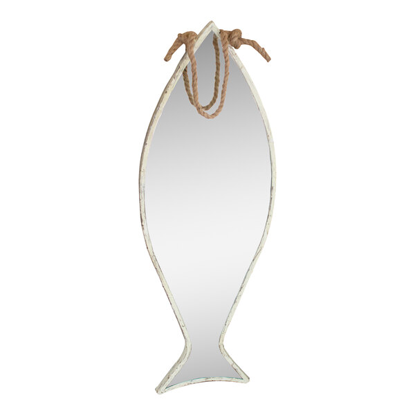 A white vertical mirror in the shape of a fish with rope hanger.