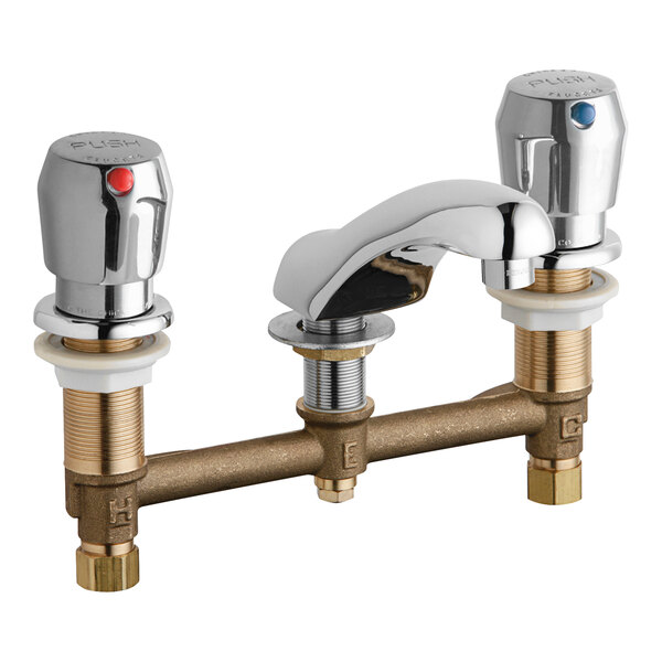 A Chicago Faucets deck-mounted metering faucet with two handles.