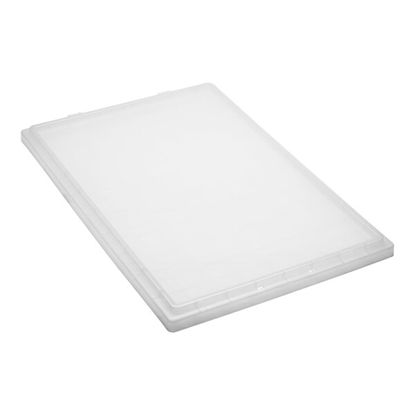 A clear plastic lid on a white rectangular tote.