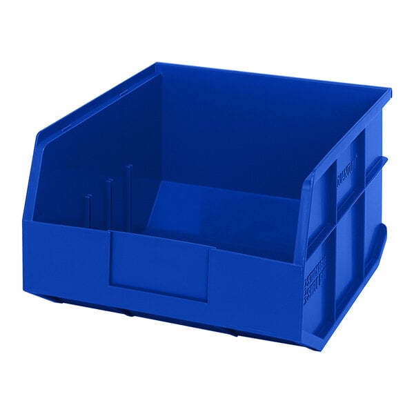 A Quantum blue plastic stackable shelf bin.