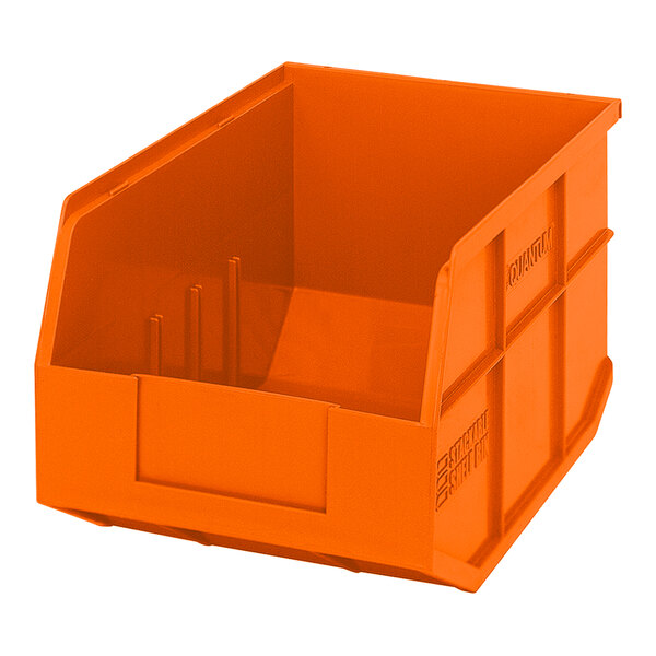 An orange Quantum stackable shelf bin with two compartments.