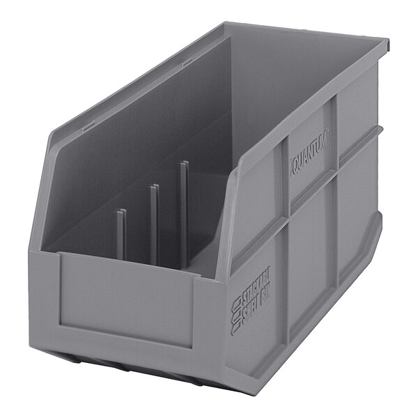 A grey plastic Quantum stackable shelf bin with three compartments.