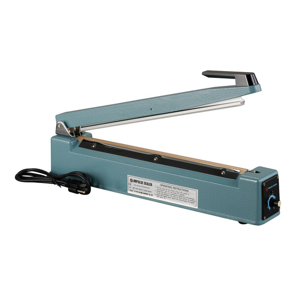 A blue Tach-It tabletop impulse sealer with a black cord.