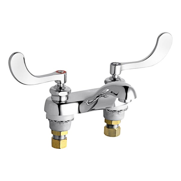 A Chicago Faucets deck-mounted medical faucet with 4" wristblade handles and a 4" cast brass spout.