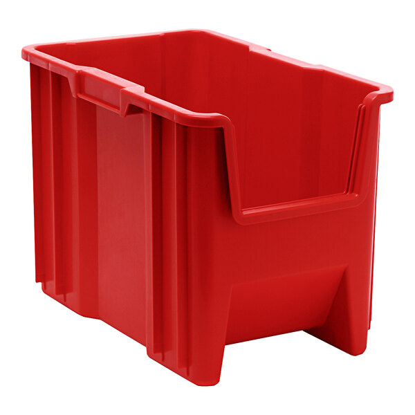 A red plastic Quantum stacking container with a lid.