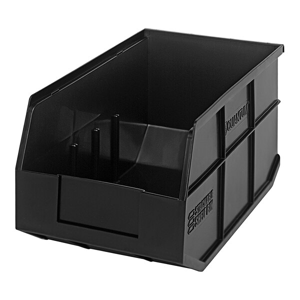 A black plastic Quantum stackable shelf bin with two compartments.