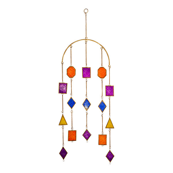 A Kalalou geometric wind chime with colorful squares and triangles.