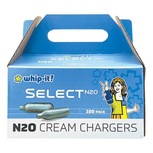 A blue Whip-It Select N2O Charger box with a logo and text.