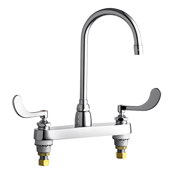 A Chicago Faucets deck-mounted faucet with two handles and a gooseneck spout.