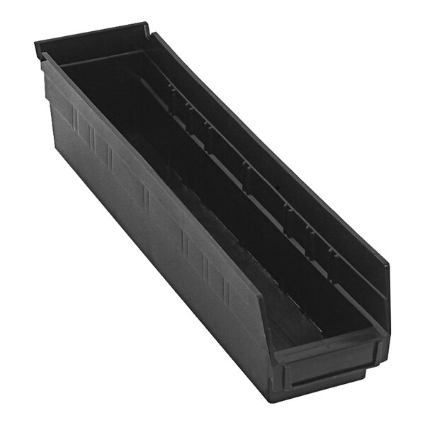 A black Quantum black conductive plastic shelf bin with open compartments.