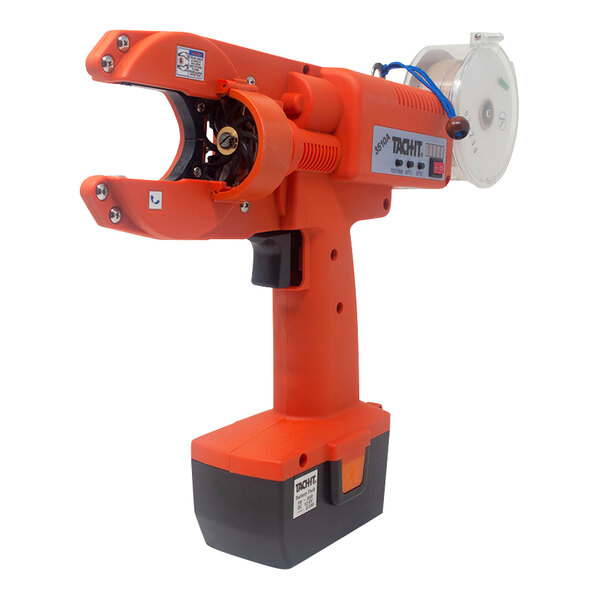 An orange machine with a blue cord for Tach-It 3510A Battery-Operated Automatic Handheld Twist Tie Machine.