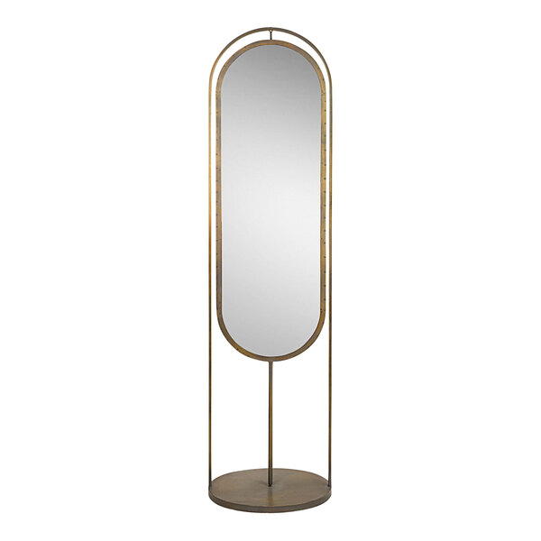 A Kalalou tall oval floor mirror with a gold metal stand.