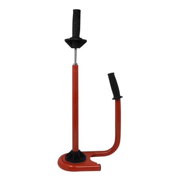 A red and black Tach-It steel stretch wrap dispenser with a black handle.