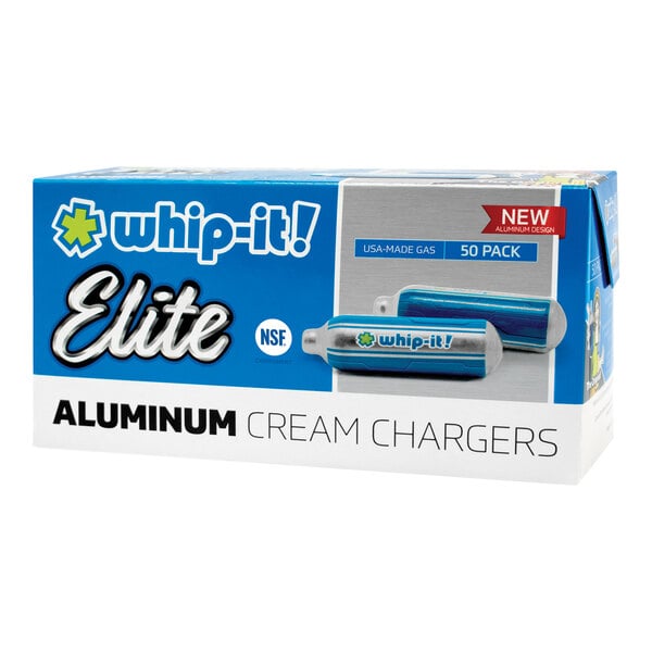 A blue and white box of Whip-It Elite Aluminum N20 Chargers with a blue logo.