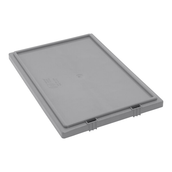 A gray plastic lid on a grey Quantum Stack and Nest Tote.
