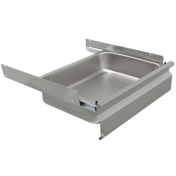 A stainless steel Advance Tabco drawer for a work table.