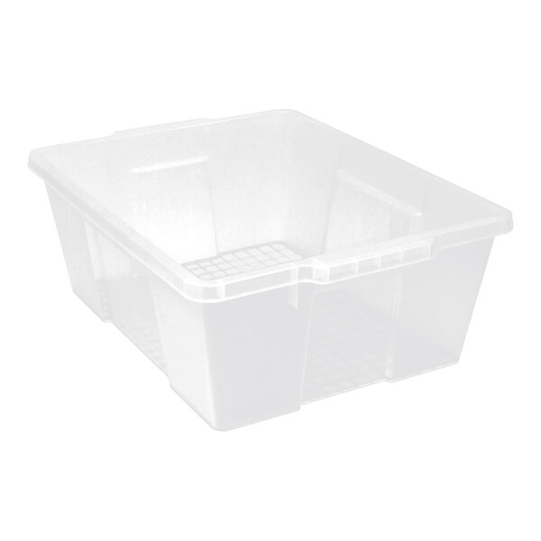 A Quantum clear plastic storage container with a square lid.