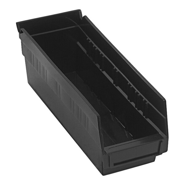 A black Quantum conductive shelf bin with two compartments.