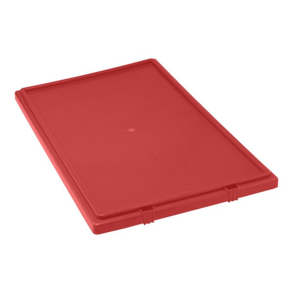 A red plastic lid for a Quantum stack and nest tote.