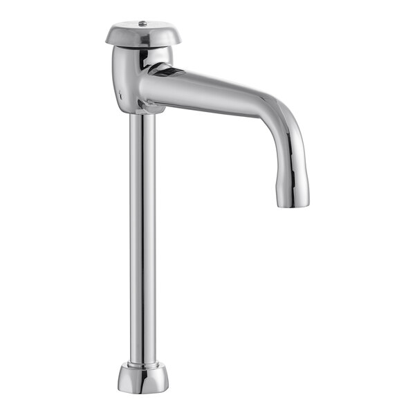 A close-up of a silver Chicago Faucets gooseneck spout with chrome finish.