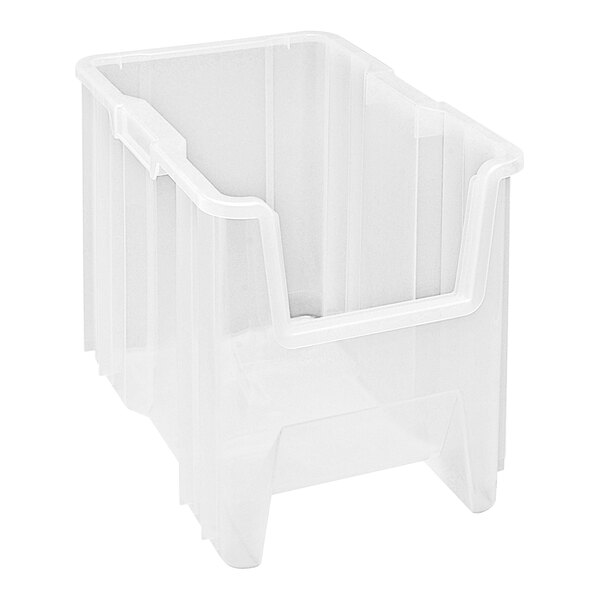 A clear plastic Quantum giant stacking container with a white handle.