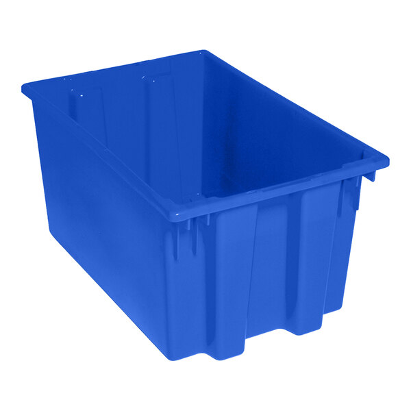 A blue plastic Quantum stack and nest tote.
