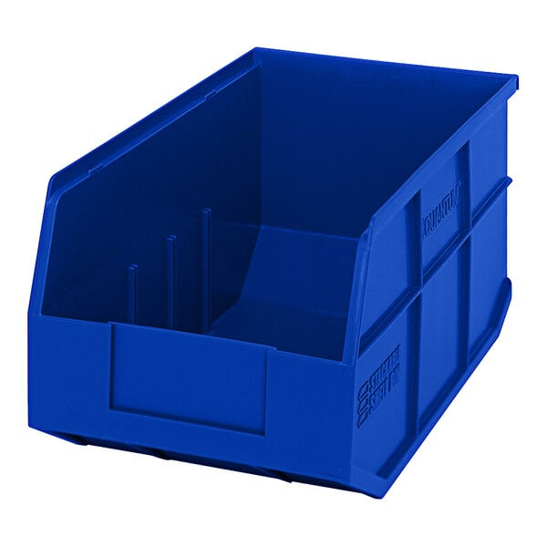 A blue plastic Quantum stackable shelf bin with a clear lid.