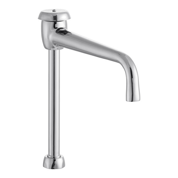 A silver Chicago Faucets gooseneck faucet spout with a white background.